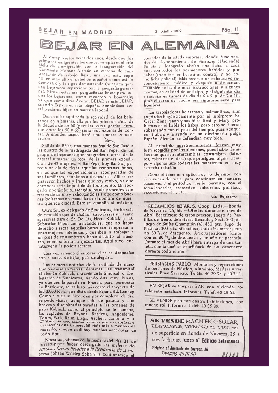 Artículo sobre la migración bejarana